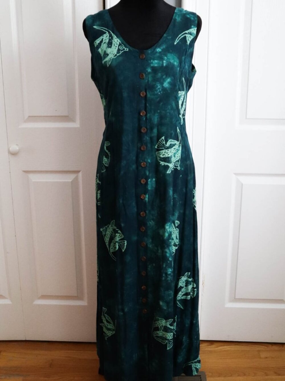 Vintage Club Mystique Sleeveless Maxi Dress Green Tie Dye Fish Print Sz M